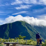 親子で山の頂から景色を眺める後ろ姿。セカンドライフのこれからを見渡すイメージ